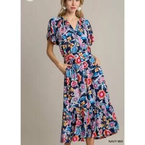 Umgee Boho Floral Button Waist Tie Flutter Sleeve Midi Dress Women's Sz 2XL